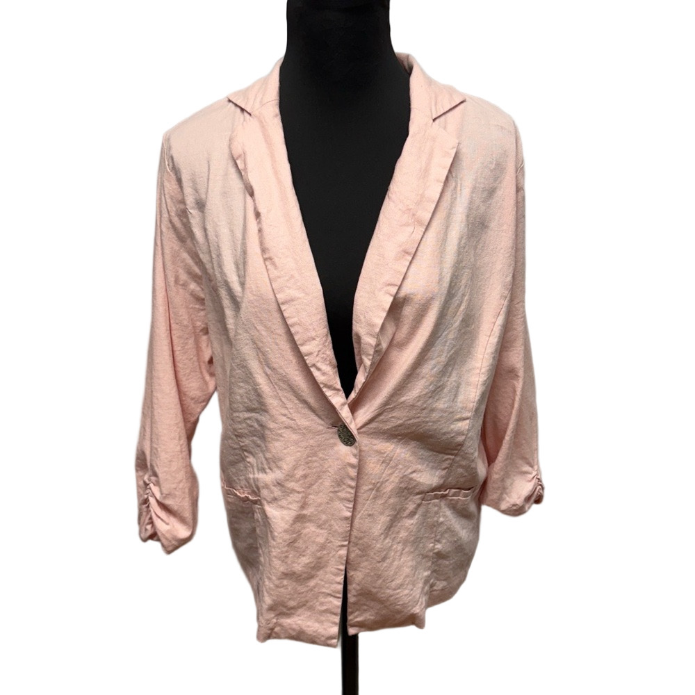 Vanity 2XL Blush Pink Linen Blend Lace Trim Open Front Blazer Plus Size